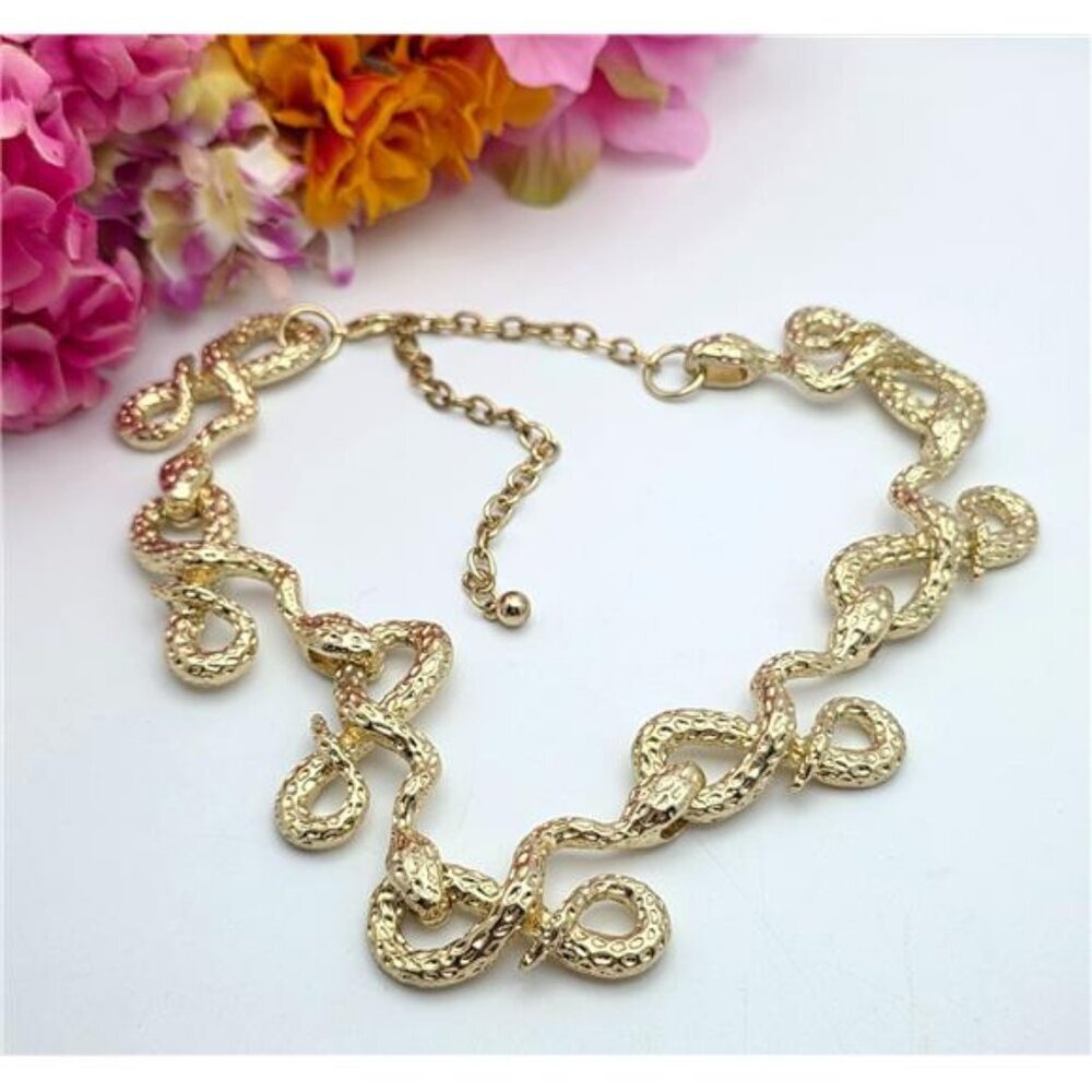 Gold Tone Figural Snake Link Necklace 19″ Adjustable Collar Bib Lobster Clasp